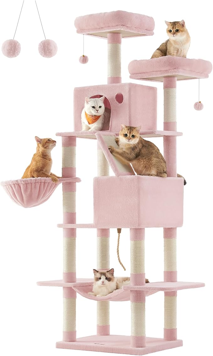 Feandrea Cat Tree, 81.1-Inch Large Cat Tower with 13 Scratching Posts, 2 Perches, 2 Caves, Basket, Hammock, Pompoms, Multi-Level Plush Cat Condo for Indoor Cats, Jelly Pink UPCT190P01-PurrikoPets