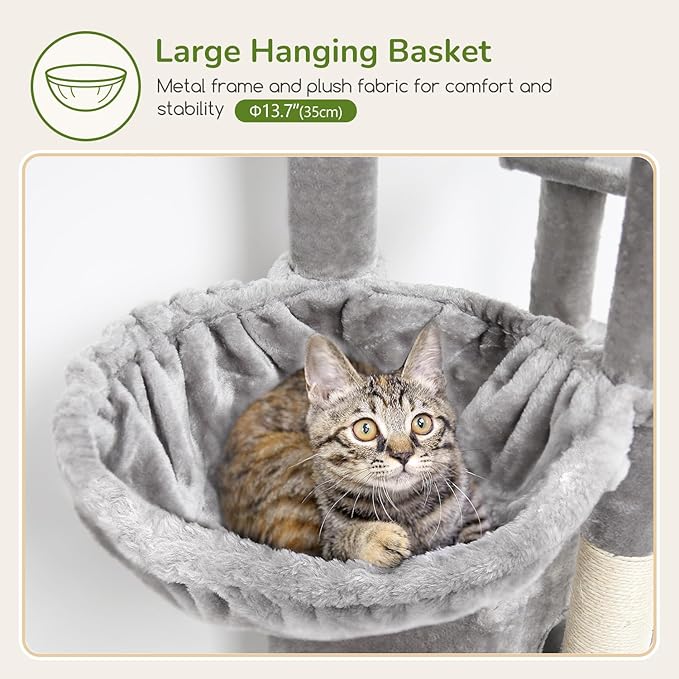 Globlazer Large Cat Tree Tower, Tall Cat Tree Condos for Indoor Cats Large Adult Cat Climbing Tower with 2 Spacious Caves, Oversized Top Perch, Big Hanging Basket, Cat Teaser Wand, F74B, Light Grey-PurrikoPets