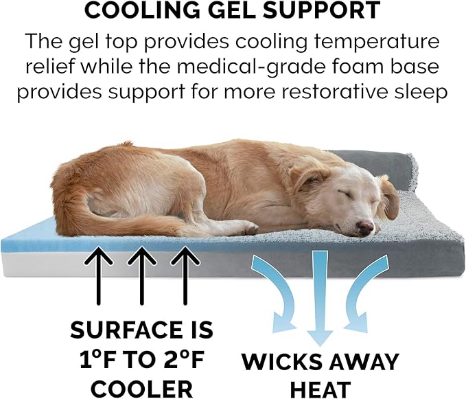 Furhaven Cooling Gel Dog Bed for Large Dogs w/ Removable Bolsters & Washable Cover, For Dogs Up to 125 lbs - Two-Tone Plush Faux Fur & Suede L Shaped Chaise - Stone Gray, Jumbo Plus/XXL-PurrikoPets