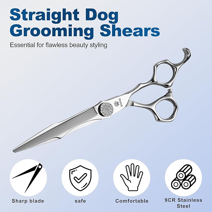 GLADOG 7" Premium 9CR Dog Grooming Scissors with Full Diamond Pivot Nut - Professional Straight Dog Scissors for Grooming, Ideal Dog Shears for Precise Trimming, Pet Grooming Scissors, Grooming Shear-PurrikoPets