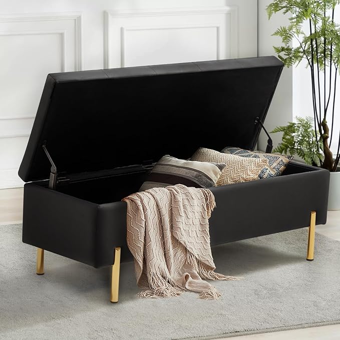 45.6 Inch Velvet Storage Ottoman, Rectangular Accent Bench for Bedroom & Living Room, Black-PurrikoPets