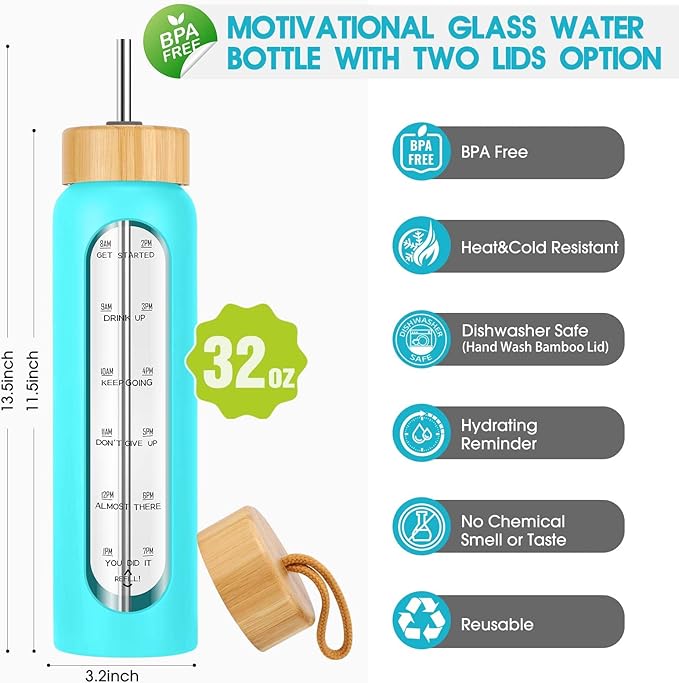 32 oz Glass Water Bottle with Straw - Motivational Time Marker & Silicone Sleeve - Reusable Tumbler Includes 2 Bamboo Lids & Fruit Infuser - 1 Pack-PurrikoPets