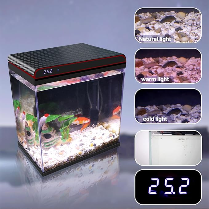 5 Gallon Glass Fish Tank Aquarium Starter Kit - Self-Cleaning, Ultra-Quiet Filter Pump, 3-Color LED Lights, Smart Temp Monitoring for Betta Fish, Shrimp, Kids Gift-PurrikoPets