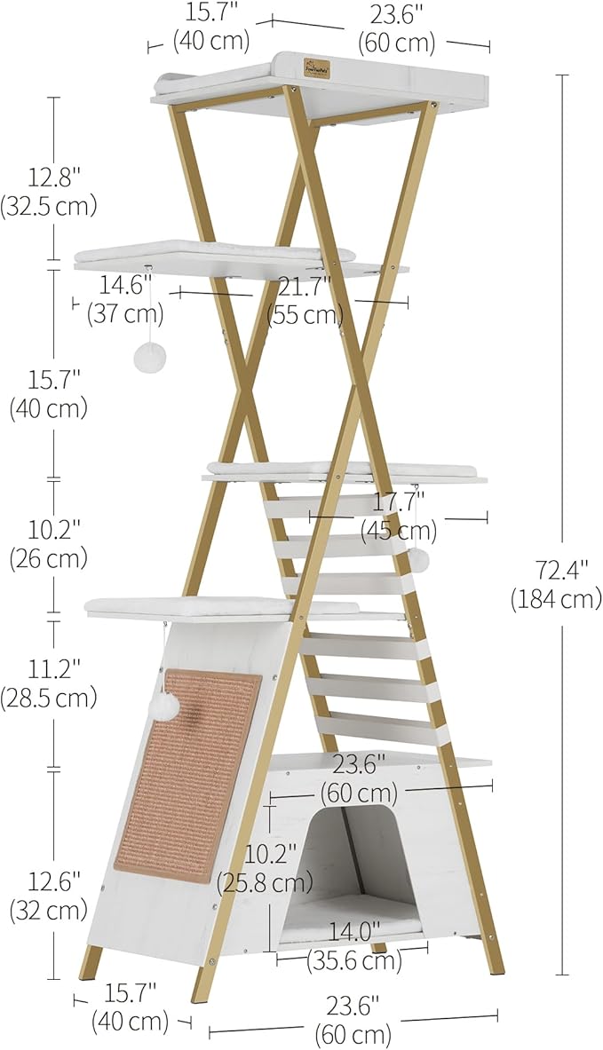FourFurPets 72.4" Cat Tree, Modern Cat Tower for Indoor Cats, Multi-Level Cat Condo with Caves, Tall Cat Tree with Cat Scratching Board, Wooden Cat Tower with Large Perch, Removable Pads, White-PurrikoPets