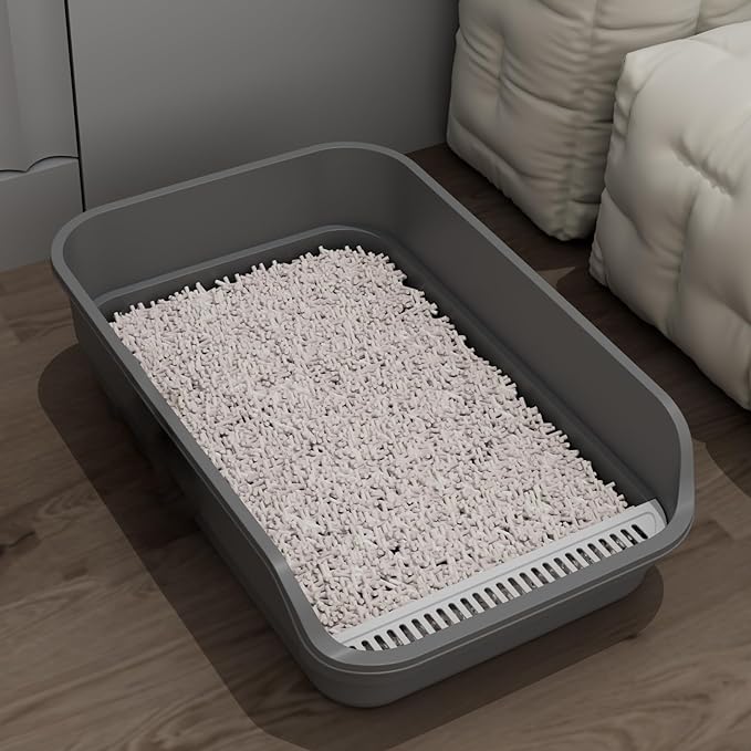 Extea Large Cat Litter Box with High Sides,Cat Boxes for Indoor Cats,Cat Litter Pan for Kitty,Litter Box with Low Entry,Easy to Clean,Anti-Splashing,23.6" x15.7" x6.2" (Grey)-PurrikoPets