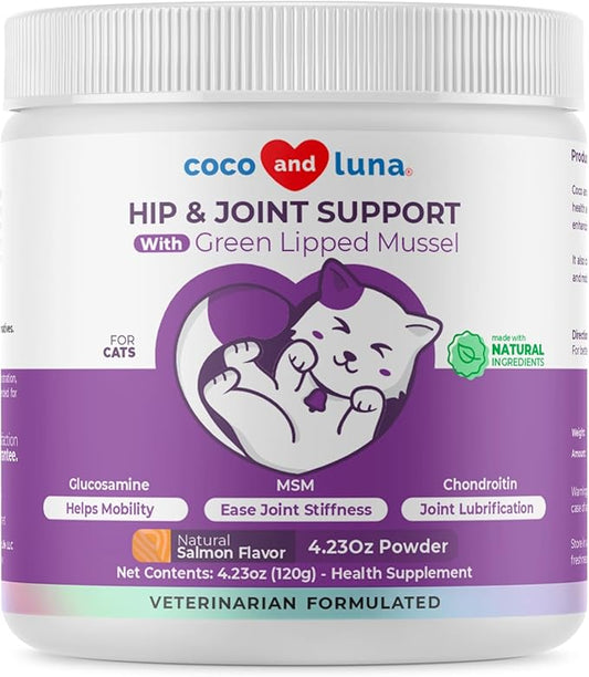 Glucosamine for Cats - 4.23oz/120g Powder - Hip and Joint Supplement for Cats with Green Lipped Mussel, MSM, Chondroitin, and Vitamin E-PurrikoPets