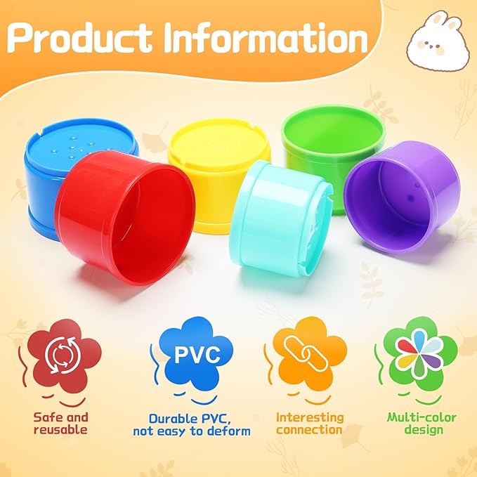 8 Pcs Stacking Cups for Rabbits - Safe Reusable Bunny Toys in Different Sizes, Durable Rainbow Colored Nesting Toys for Small Animals Bunny Hiding Food Playing Bunny Gifts-PurrikoPets