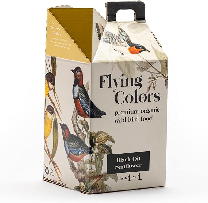 Flying Colors Premium Organic Wild Bird Seed | Black Oil Sunflower Seed | USDA Organic Ingredients | Best Seed for Backyard Bird Feeders | 3 Gallon Easy-Pour Carton-PurrikoPets