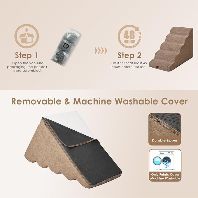 EHEYCIGA Curved Dog Stairs Ramp for High Beds, 5-Step Extra Wide Dog Steps for Small Dogs and Cats, Pet Stairs for High Bed Climbing, Non-Slip Balanced Pet Step Indoor, Camel-PurrikoPets