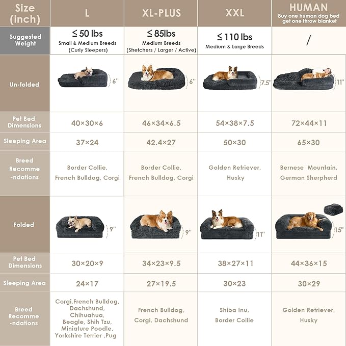 EHEYCIGA Foldable L Dog Bed, Faux Fur Fluffy Dog Couch Bed, Orthopedic Calming Memory Foam L Pet Bed for Large Dogs, Washable Soft Warm Pet Sofa Bed with Non-Slip Bottom, Dark Grey, 40"x30"x6"-PurrikoPets