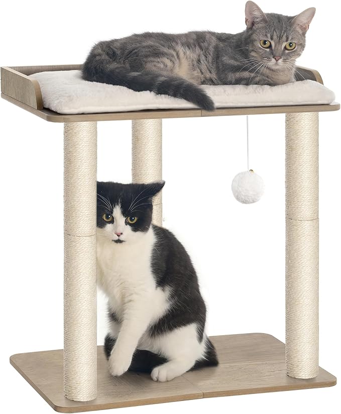 FourFurPets 22in Cat Tree Tower Condo, Cat Scratch Posts for Indoor Cats, Big Plate, Three 23.6in Full Sisal Scratching Posts, Greige-PurrikoPets