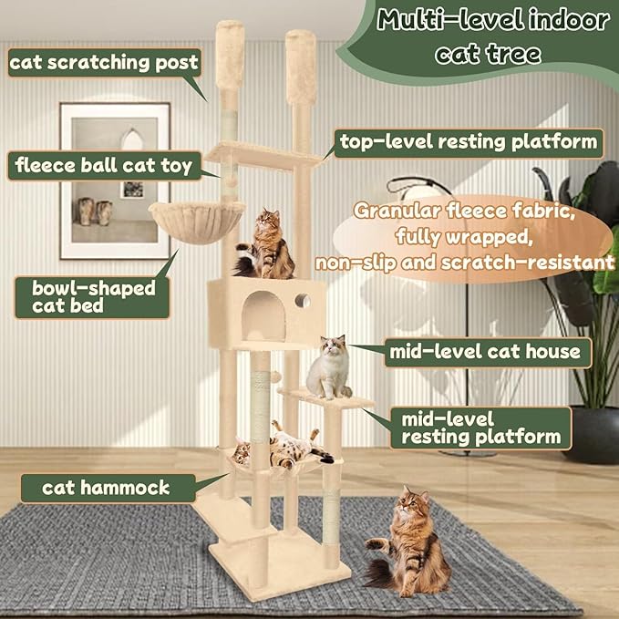 96.5"-108" Cat Tree Floor to Ceiling 7-Tier Cat Tower Adjustable Height with Scratching Posts, Cozy Hammock, Cat Condo for Indoor Cats(Beige)-PurrikoPets