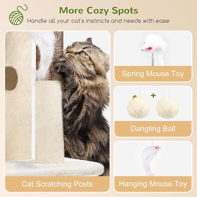 Globlazer Cat Tree Tower for Indoor Cats, 50-inch Adult Cat Tree House for Large Adult Cats with Steps, Scratching Post, 2 Cat Caves, Dangling Toys, FC50, Beige-PurrikoPets