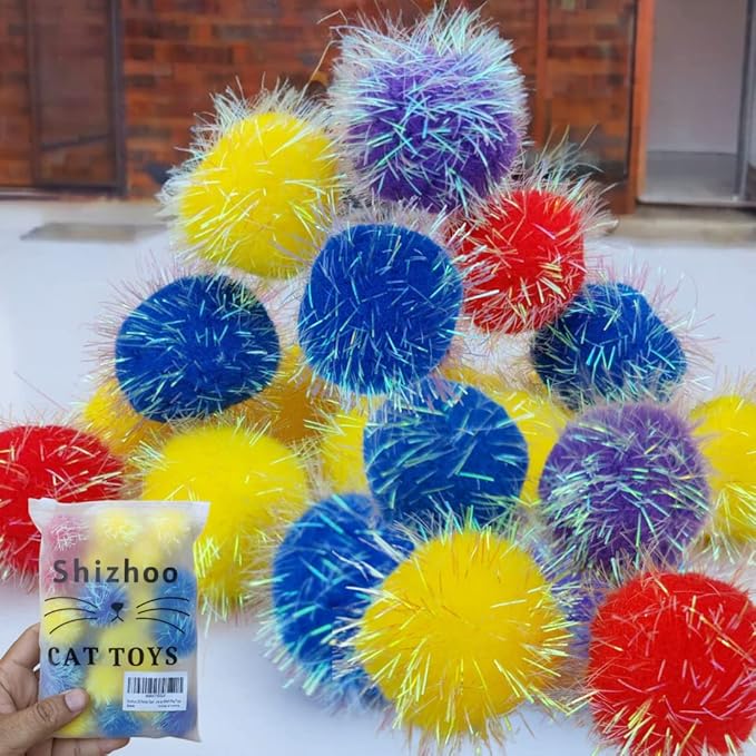 10 Pieces Sparkle Pom Pom Balls for Cat - Interactive Glitter Balls, Multicolor, Size of 2 inches, Best as Kitten Play Toys…-PurrikoPets