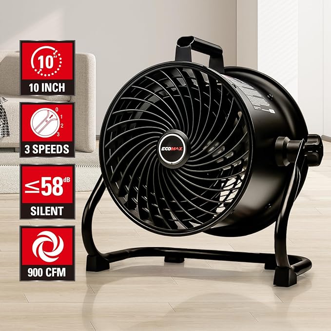 10-Inch High-Velocity Drum Air Circulator Fan, Heavy-Duty Shop Fan with 3-Speed & 360° Tilting Floor Fan for Warehouse, Industrial, Workshop-PurrikoPets
