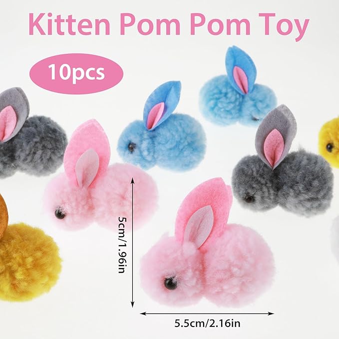 10Pcs Plush Toy Balls, Cute Bunny Shape Kitten Pompom Soft 5.5cm/2.16in Puff Ball Indoor Fun Colorful Cat Ball Toy Pom Pom Balls for Pet-PurrikoPets