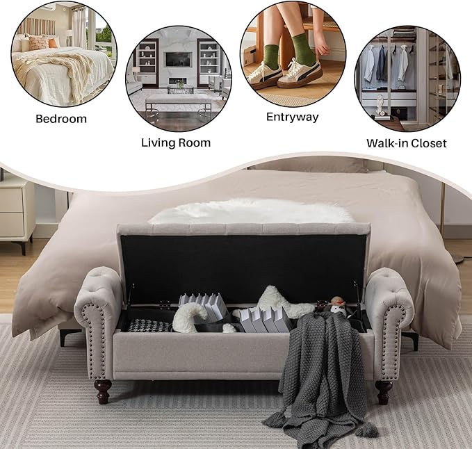 58.1'' Storage Bench Upholstered Linen End of Bedroom Bed Bench Ottoman with Tufted Cushioned Rolled Arm Large Storage Space for Reading Living Room Entryway, Light Brown-PurrikoPets