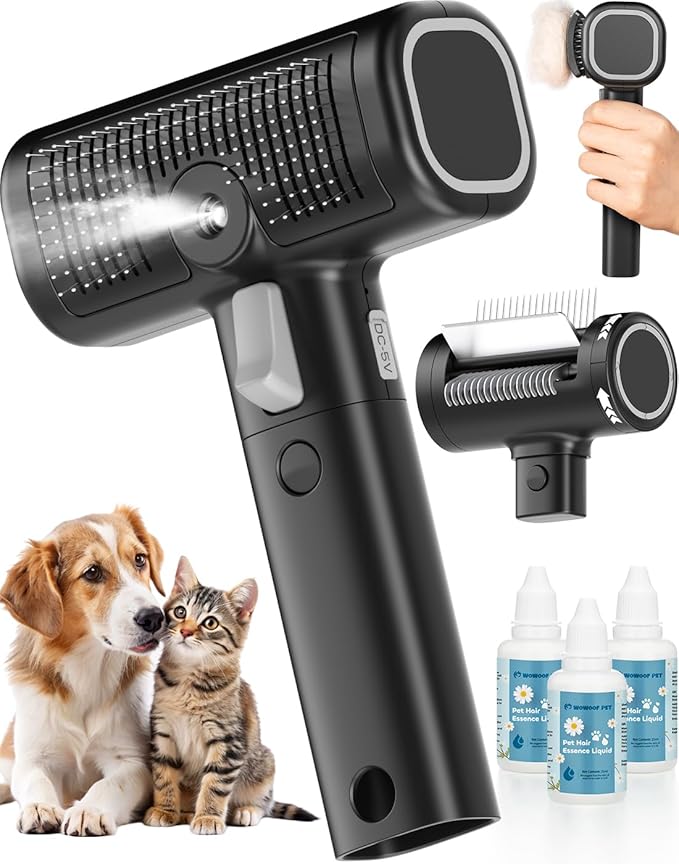 5-in-1 Cat Hair Brush, Dog Grooming Steam Comb for Long Short Haired Indoor Cats Spritz Comb for Deshedding, Detangling, Pet Brush for Kitten Rabbit Massage, with 3 Essence Liquid-PurrikoPets
