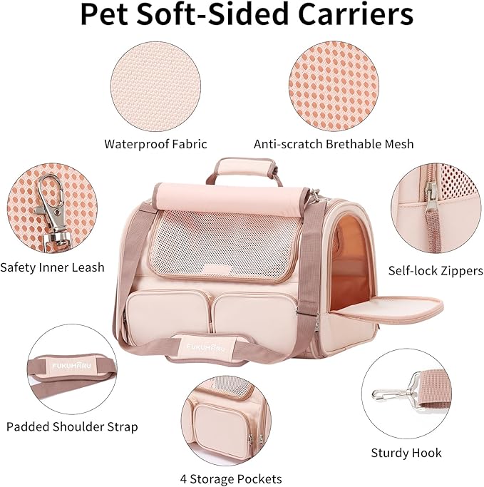 FUKUMARU Cat Carrier, 4 Mesh Windows Small Dog Carrier, 4 Storage Pockets Cat Travel Bag, Under 15 lb Airline Approved Pet Carrier, Rollable Cover for Nervous Cats, Pink-PurrikoPets