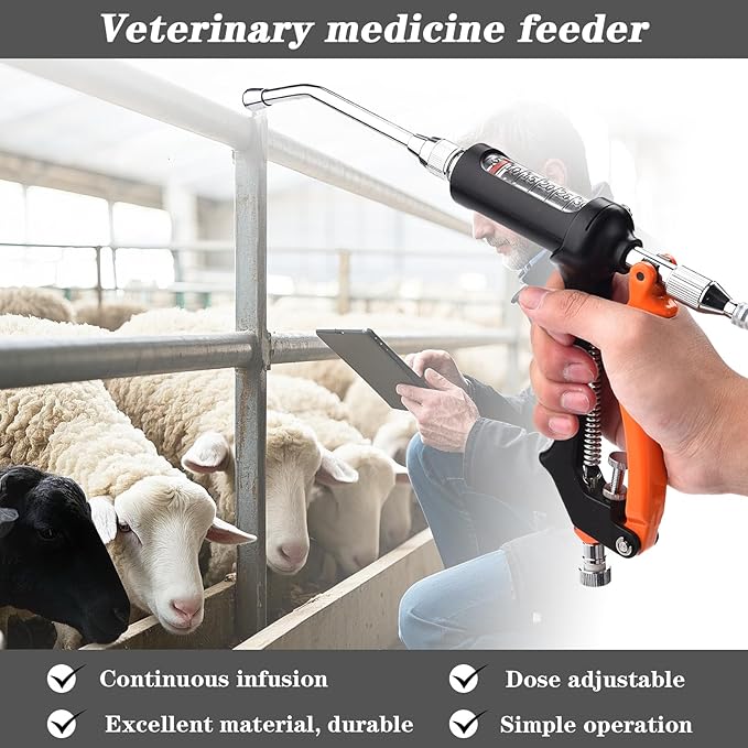 30ML Veterinary Metal Feeding Gun, Continuous Drench Gun Dosing Device Veterinary Adjustable Medicine Dispenser Husbandry Autonomous Feeding Tool, Pig Cattle, Sheep, Horse for Drench Gun-PurrikoPets