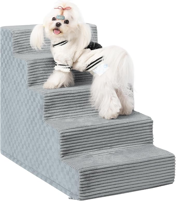 Dog Stairs for Small Dogs,22" H,5-Step Dog Steps for Bed and Couch with High Density Foam,Non-Slip Pet Steps for Doggy and Cat,Pet Stairs with a Washable Cover,Grey-PurrikoPets