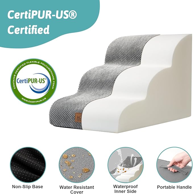 Dog Stairs for Small Dogs 15.7" H, Curved Dog Step for Puppy, Older Cat, Medium Pet Ramp for Sofa, Couch or Bed, Ladder with High Density Foam, 15.7x22.4x15.7 inch, 3 Step, Grey-PurrikoPets