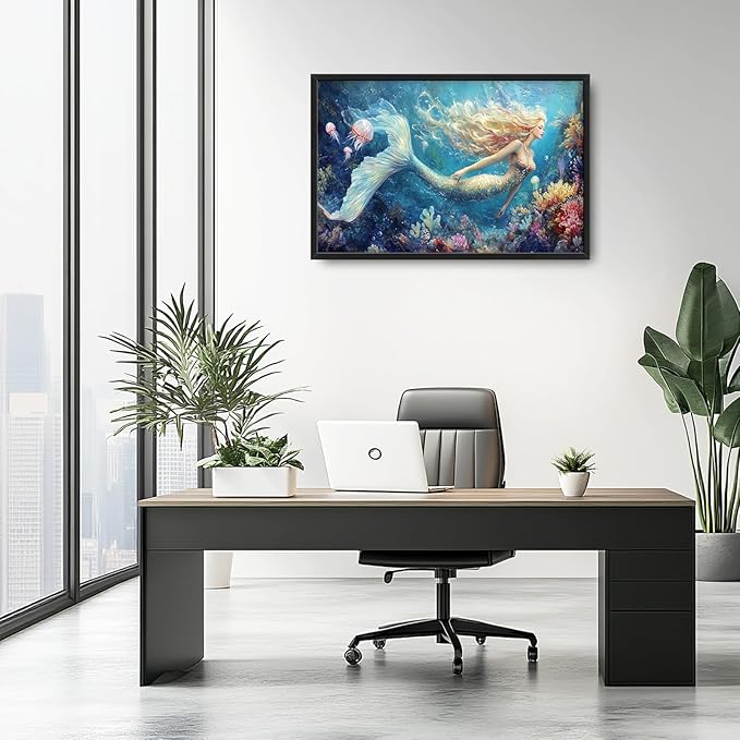 Extra Large Framed Mermaid Wall Art,Oversized Undersea Ocean Wall Decor,Colorful Coral Reefs Pictures for Living Room,Elegant Canvas Print Painting Modern Artwork Bedroom Bathroom 36L x 24W-PurrikoPets