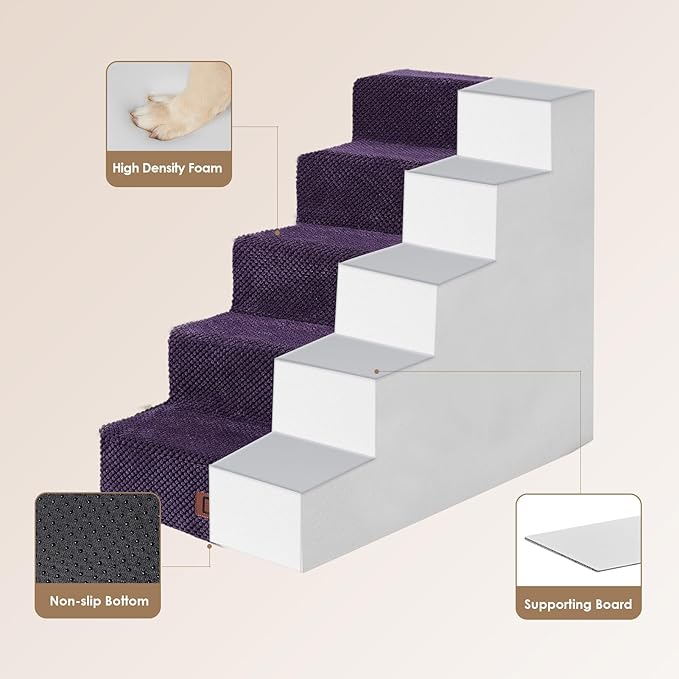 EHEYCIGA Dog Stairs for High Bed 22.5" H, 5-Step Dog Steps for Bed, Pet Steps for Small Dogs and Cats, Non-Slip Balanced Pet Ramp Indoor, Purple-PurrikoPets