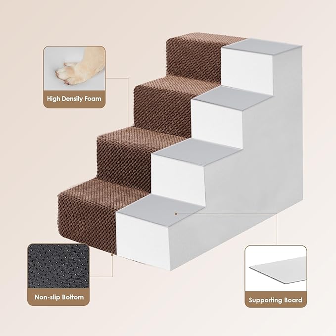 EHEYCIGA Dog Stairs for Bed 18" H, 4-Step Dog Steps for High Bed, Pet Steps for Small Dogs and Cats, Non-Slip Balanced Pet Indoor Ramp, Brown-PurrikoPets