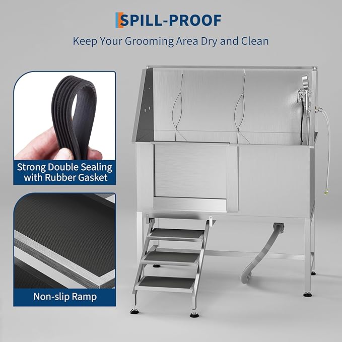 50" Stainless Steel Professional Dog Washing Station - Pet Bathing Tub w/Non-Slip Stairs | Slip-Resistant Floor Grate | for Large/Medium/Small Dogs-PurrikoPets