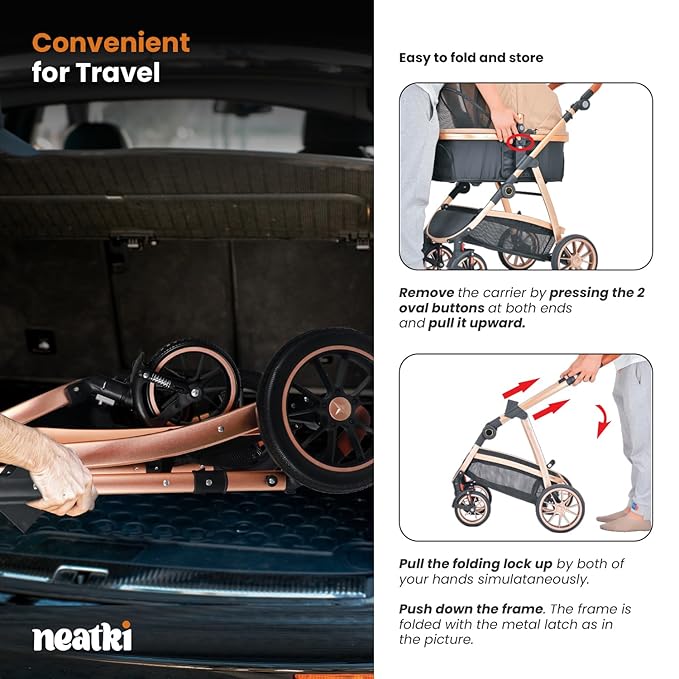 3 in 1 Pet Stroller - Stroller for Small to Medium Dogs and Cats up to 55 lbs, with Detachable Carrier/Car Seat, Foldable and Lightweight, Detachable Cushion + Cup Holder (Gray)-PurrikoPets