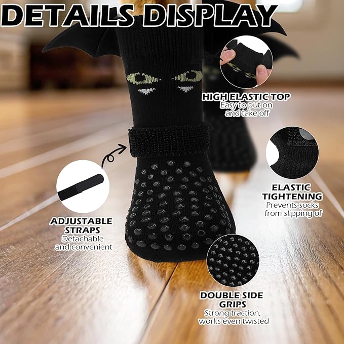 EXPAWLORER Halloween Anti Slip Dog Socks to Prevent Licking Paws, Boots & Paw Protectors with Grippers,Doggie Booties for Hardwood Floors for Small Medium Large Senior Dogs Costume Black Devil Wings L-PurrikoPets