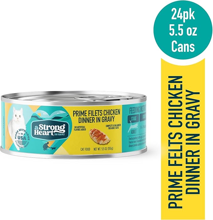 A Strong Heart Canned Wet Cat Food, Prime Filets Chicken Dinner in Gravy - 5.5 oz Cans (Pack of 24), Made in The USA with Real Chicken-PurrikoPets