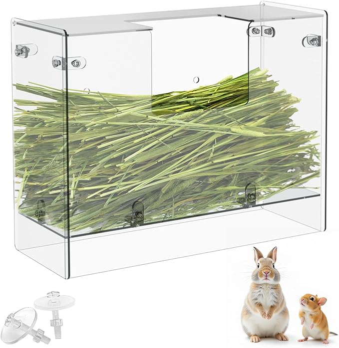 Acrylic Rabbit Hay Feeder with Lid, Transparent Hanging Food Dispenser Hay Feeder for Bunny Rabbits Guinea Pig Cage Chinchillas Hamsters Small Pets and Animals（Medium-PurrikoPets