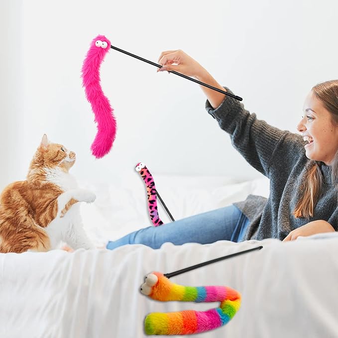 3 Pack Cat Wand Toy, Rainbow Cat Feather Toys with Bells, Teaser Wand with Soft Furry Tail, Interactive Toys for Indoor Cats & Kitten & Kitty-PurrikoPets