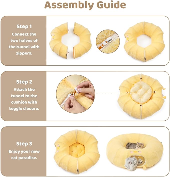 EHEYCIGA Cat Tunnel Bed for Indoor Cats, Cute Cat Donut Toy Tunnel for Small Large Cats with Washable Circle Cushion, Peekaboo Pet Cave Play Tunnel for Kitten, Puppy, Rabbit-PurrikoPets