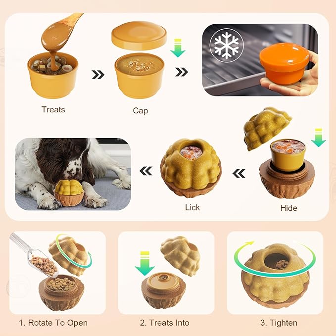 Dog Frozen Treats Toy, Cognitive Dogs Brain Stimulation Toys for Aggressive Chewers, Interactive Dispensing Toy Enrichment Keep Them Busy No-Boredom, Tough Nylon&Coffe Wood Fillable Puzzle Dog Feeder-PurrikoPets