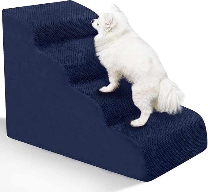 Dog Stairs for Small Dogs - High Density Foam Pet Steps, Extra Wide Dog Ramp with Non-Slip Bottom for High Beds, Couch and Sofa, Best for Dogs Injured, Older Doggy Cats, 4 Steps, Navy-PurrikoPets