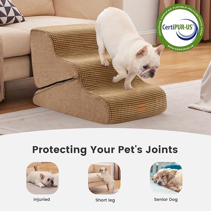 Gardner Pet Dog Stairs for Small Dogs 16.5" H, 2 in 1 Transformable 3-Step Pet Stairs and Dog Ramp for Couch (13-20 in), Brown Adjustable Pet Steps with Non-Slip Waterproof Cover and CertiPUR-US Foam-PurrikoPets