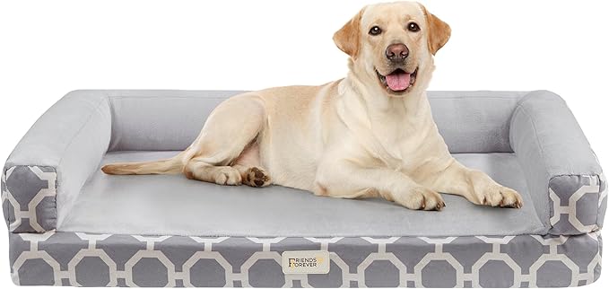 Friends Forever Harper Memory Foam Orthopedic Dog Bed, Calming Couch For Indoor Pet With Bolster, Machine Washable Extra Soft Faux Suede Removable Cover, Plush Crate Mat, 44x34x10", Grey-PurrikoPets