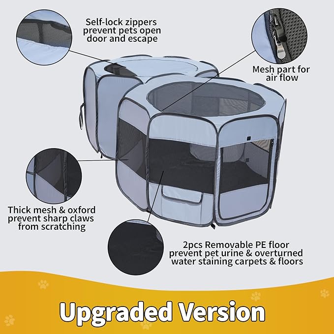 EighteenTek XLarge 2-in-1 Pop up Dog Playpen, Assembly-Free, with Leakproof Pet Pee Pads,Portable Foldable Cat Tent Enclosure Indoor Outdoors Puppy Kittens Small Animals Crates (L, 90" Lx45 Wx28 H)-PurrikoPets