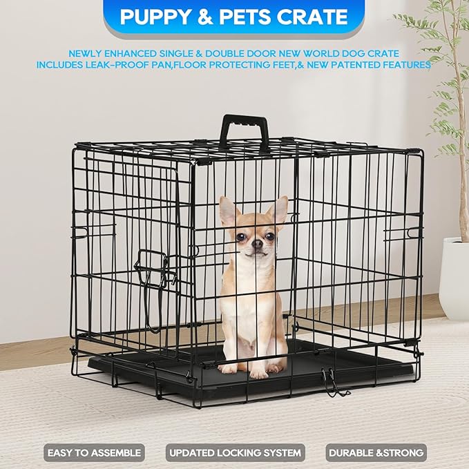 FDW Dog Crate for Small Dogs 18 Inch Folding Metal Wire Pet Cage Double Door W/Divider Panel Indoor Outdoor Kennel Leak-Proof Plastic Tray,Black-PurrikoPets