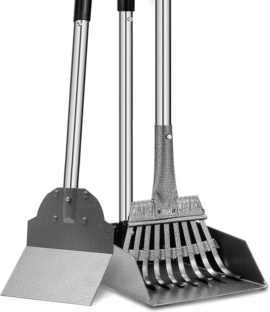 Dog Pooper Scooper, Tray Rake and Spade 3 Pack Poop Scoop Adjustable Long Handle Metal with Bin for Pet Waste Removal, No Bending Clean Up for Large and Small Dogs-PurrikoPets