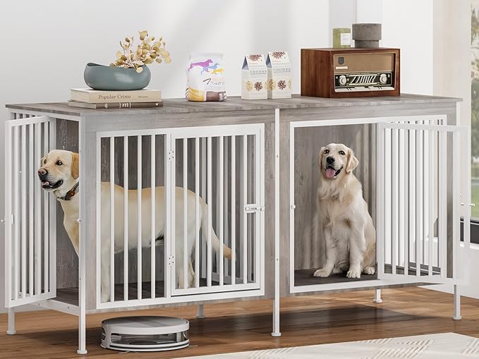 78 Inch Dog Cage Furniture for 2 Large/Medium Dogs with Removable Divider, Extra Large Double Doors Dog Kennel, XXL Thick Wooden Dog cage Furniture, Durable and Sturdy, Beige-PurrikoPets