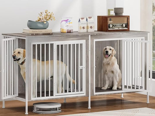 78 Inch Dog Cage Furniture for 2 Large/Medium Dogs with Removable Divider, Extra Large Double Doors Dog Kennel, XXL Thick Wooden Dog cage Furniture, Durable and Sturdy, Beige-PurrikoPets