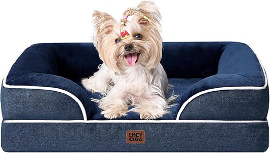 EHEYCIGA Orthopedic Dog Bed for Small Dogs, Waterproof Memory Foam Small Dog Beds with Sides, Non-Slip Bottom and Egg-Crate Foam Medium Pet Couch Bed with Washable Removable Cover, Navy-PurrikoPets