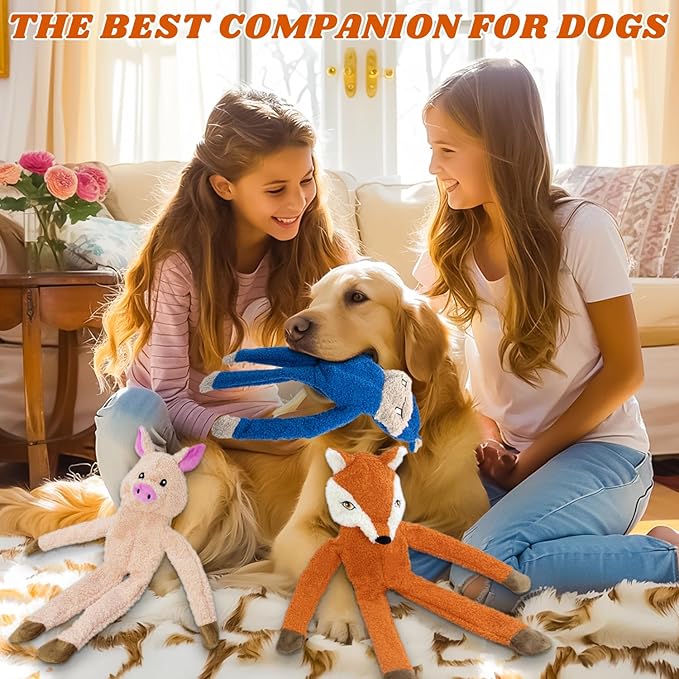 3 Pack No Stuffing Crinkle Squeaky Interactive Plush Dog Toys for Aggressive Chewers to Keep Puppy Busy for Boredom Small & Medium Breeds Furry Friend Teething Orange Fox Pink Pig Blue Hippo-PurrikoPets