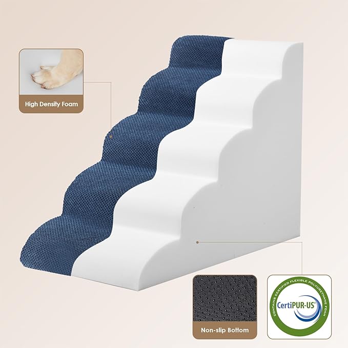 EHEYCIGA Curved Dog Stairs Ramp for High Beds 22.6" H, 5-Step Dog Steps for Small Dogs and Cats, Pet Stairs for High Bed Climbing, Non-Slip Balanced Pet Step Indoor, Navy-PurrikoPets