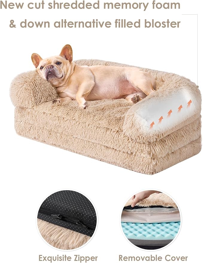 EHEYCIGA Foldable Dog Bed, Faux Fur Fluffy Dog Couch Bed, Orthopedic Calming Memory Foam Pet Bed for Small Dogs, Washable Soft Warm Pet Sofa Bed with Non-Slip Bottom, Camel, 40"x30"x6"-PurrikoPets