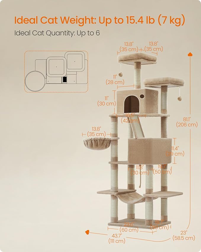 Feandrea Cat Tree, 81.1-Inch Large Cat Tower with 13 Scratching Posts, 2 Perches, 2 Caves, Basket, Hammock, Pompoms, Multi-Level Plush Cat Condo for Indoor Cats, Camel Brown UPCT190K01-PurrikoPets